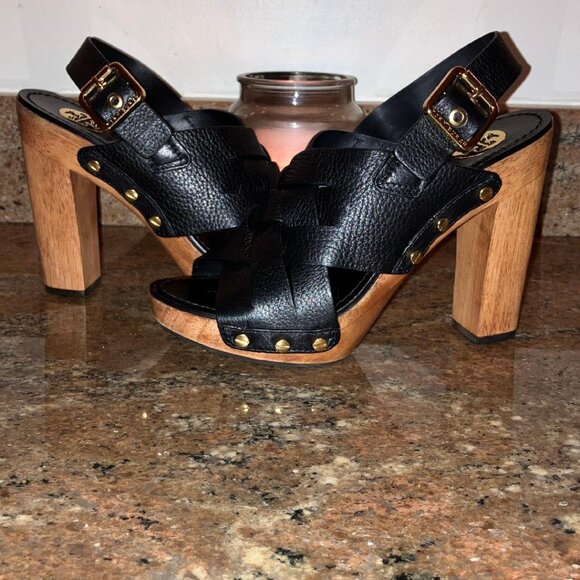 Tory Burch studded leather "Jodie" wooden block platform heels worn 1x in sz 7 - Picture 2 of 6